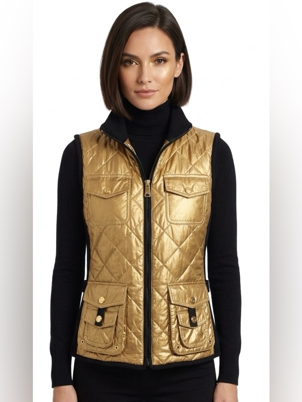 Polo Ralph Lauren Metallic Gold & Black REVERSIBLE Quilted Vest Woman Small